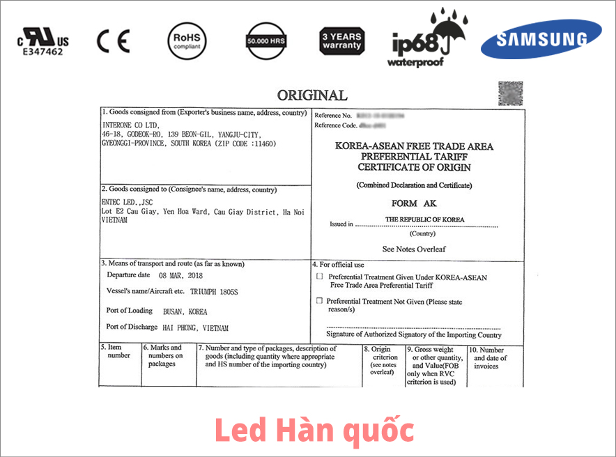 Giấy chứng nhận C/O của đèn LED dây Hàn Quốc