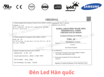 Giấy chứng nhận xuất xứ sản phẩm đèn LED nhập khẩu Hàn Quốc.