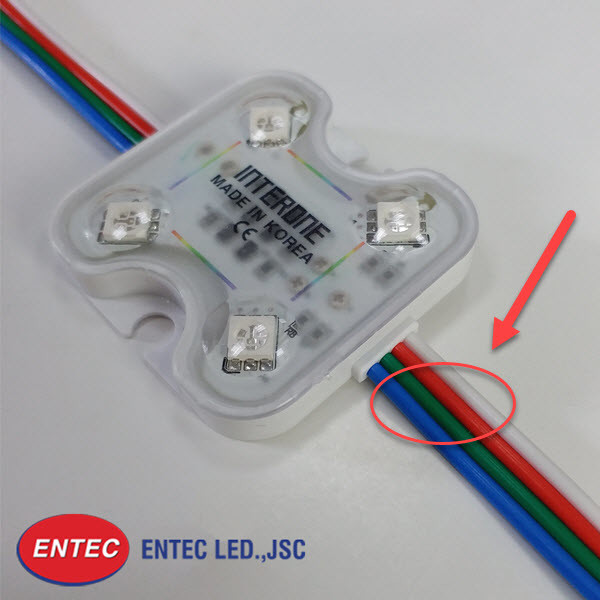 Dây dẫn gồm 4 dây với các màu trắng, xanh lá, đỏ, xanh dương kết nối với các đầu dẫn các module LED